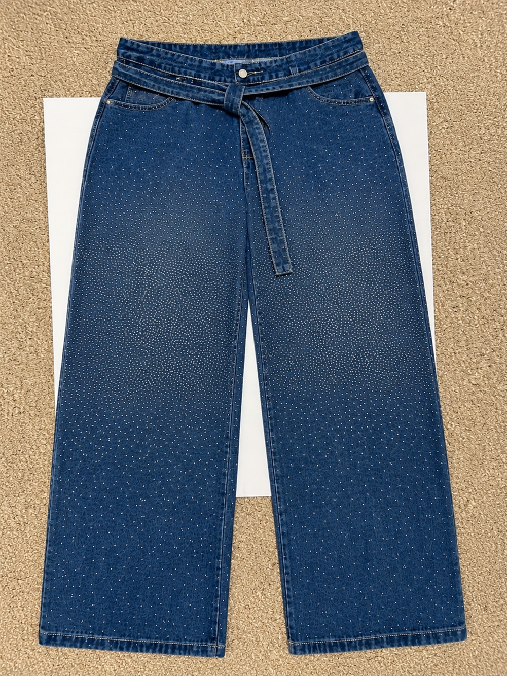 Wide Leg Dark Blue Rhinestone Embellished Jeans with Belt